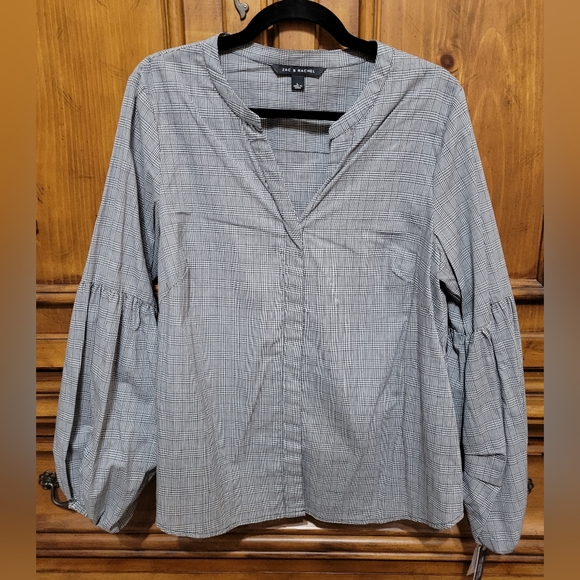 NWT, Zac & Rachel black/white plaid button down, balloon sleeves, size large - Picture 1 of 4
